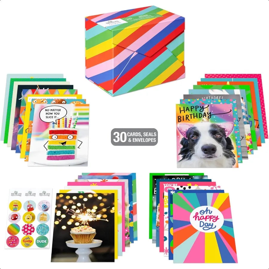 30-Count Funny Birthday Card Assortment – Recycled Paper Greeting Cards with Envelopes, Seals & Storage Box
