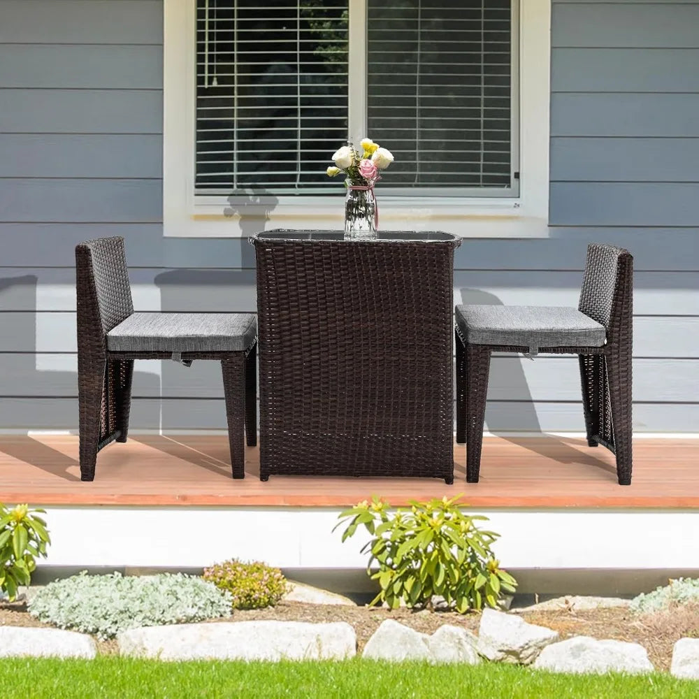 “3-Piece Wicker Patio Bistro Set – Outdoor Furniture with Glass Table & 2 Chairs for Balcony, Garden & Small Spaces”