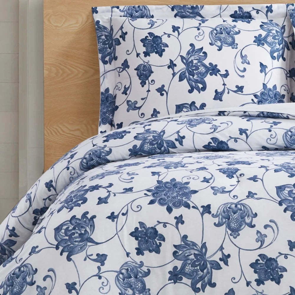 Blue Cotton Comforter Set Twin XL – 2-Piece Floral Vine Pattern, Soft Microfiber Fill, Classic Farmhouse Style