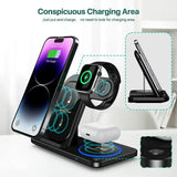 30W LED Fast Wireless Charger Stand – 3-in-1 Foldable Charging Station for iPhone 15/14/13/12, Apple Watch & AirPods Pro