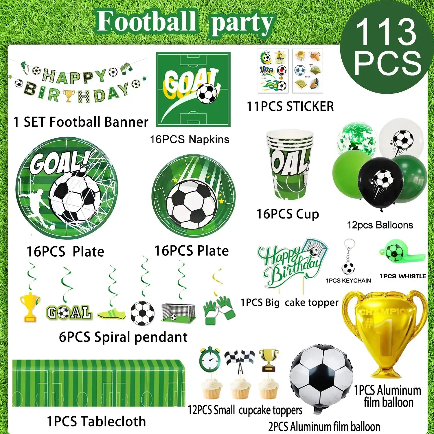 “113-Piece Soccer Party Decorations Set – Birthday Banner, Balloons, Tableware, Plates & Accessories for Soccer-Themed Parties”