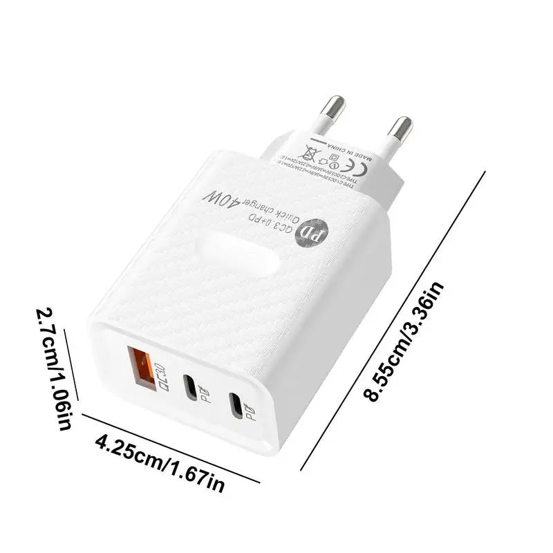 40W 3-Port Wall Charger – USB-C Fast Charging Phone Charger Block & Travel Plug Adapter for Home & Office