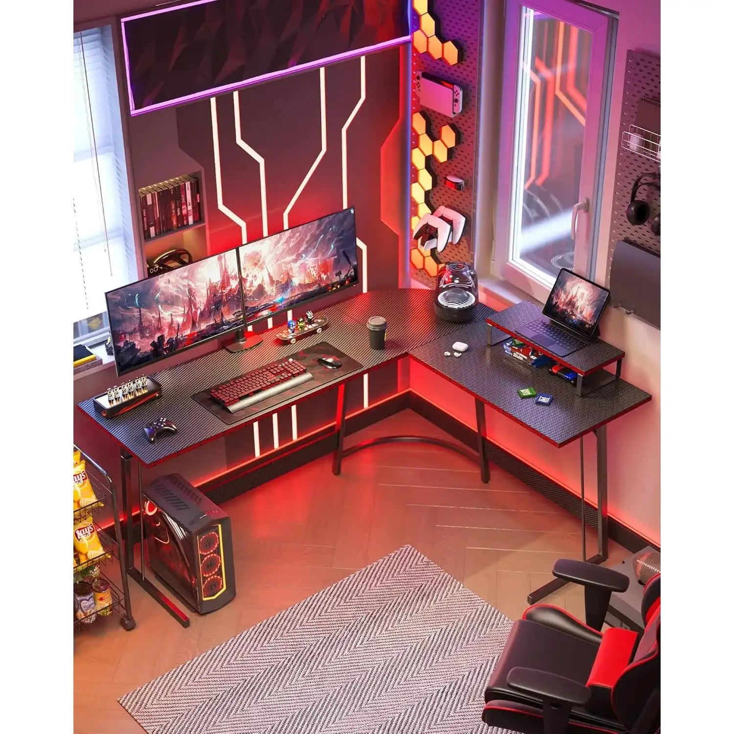 47″ Shaped Gaming & Computer Corner Desk – Carbon Fiber Surface with Monitor Stand for Home Office