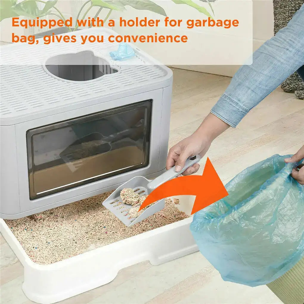 Foldable Cat Litter Box – Enclosed Kitty Toilet with Front Entry, Top Exit, Scoop & Massager, Portable Foldable Cat Toilet for Indoor Cats