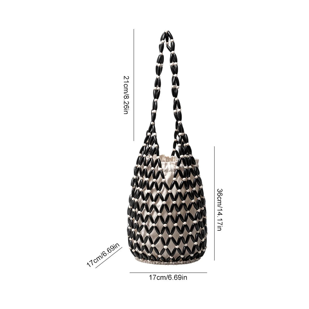 Women Woven Wicker Tote Bag – Hollow-Out Wooden Bead Hand-Bag with Canvas Netted Body, Beach & Summer Shoulder Bucket Bag