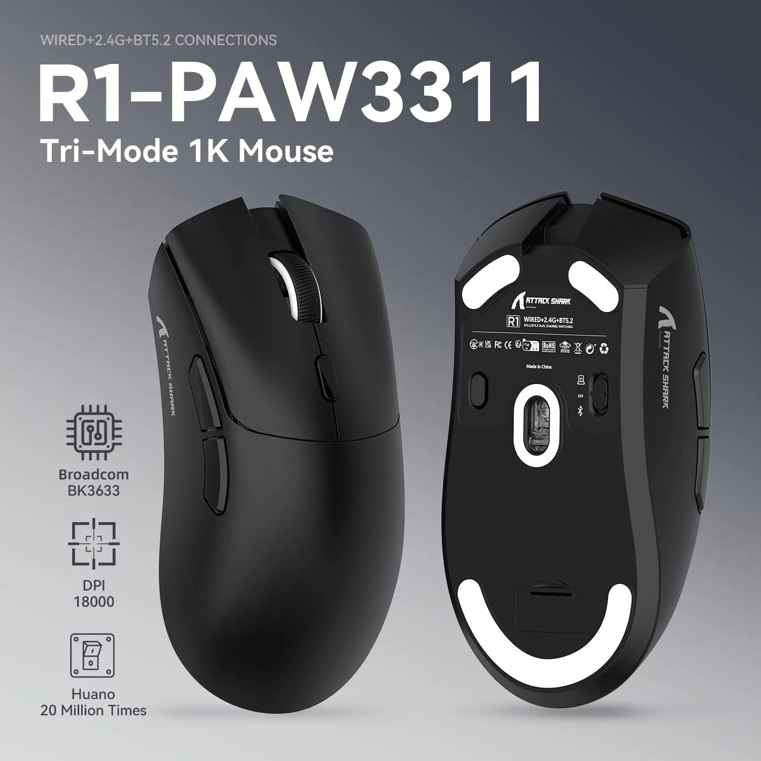 MambaSnake X Attack Shark R1 Wireless/Wired Gaming Mouse – 59g Superlight with PAW3311 Sensor, BT & 2.4G Tri-Mode Connectivity