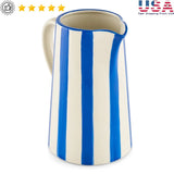 Handcrafted Ceramic Blue Stripe Pitcher Vase – Elegant Decorative Jug for Fresh & Artificial Flower Arrangements | Mediterranean Home Décor