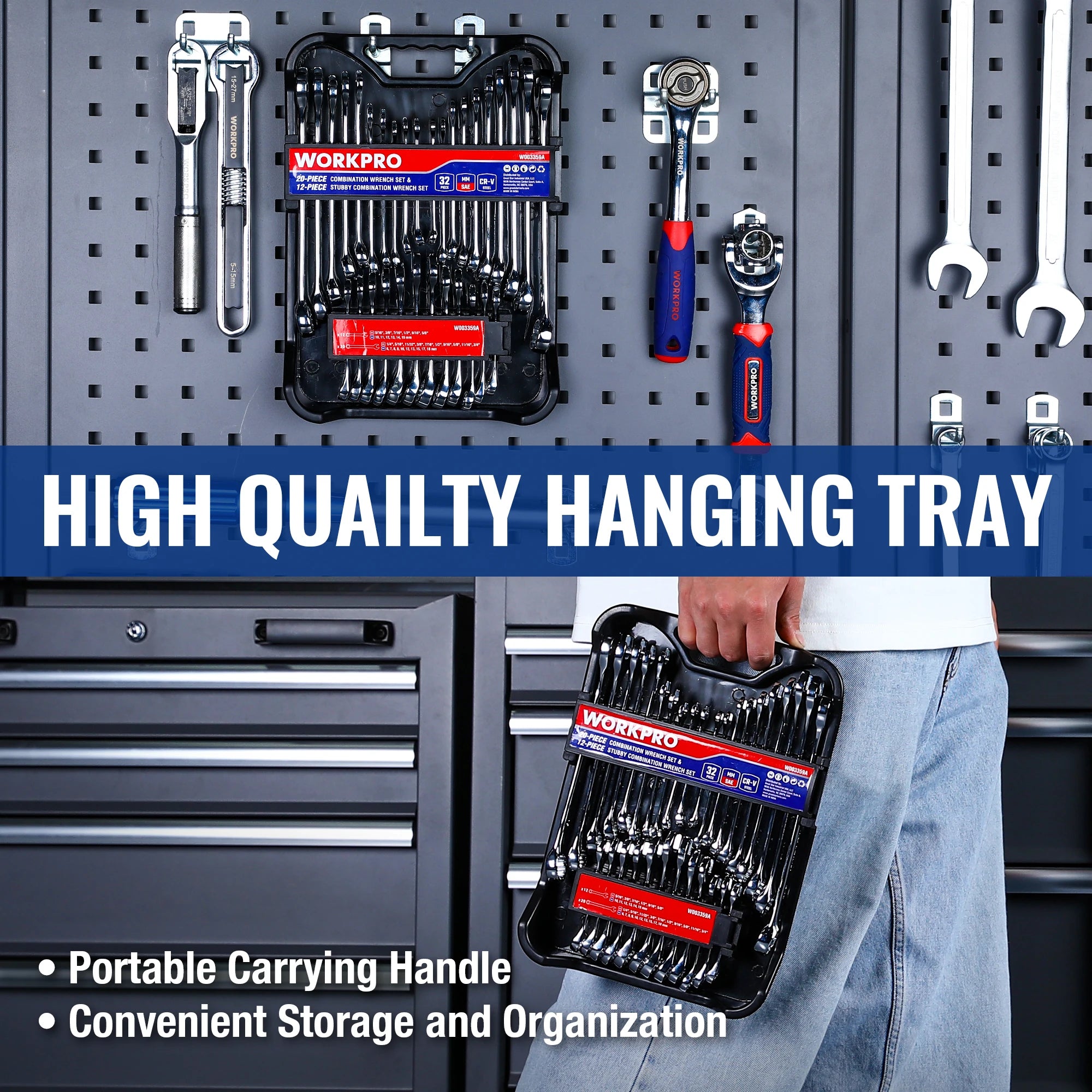 WORKPRO 32-Piece SAE & Metric Combination Wrench Set – Standard + Stubby Wrenches with Organizer Tray