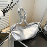 Women’s PU Leather Dumpling Shoulder Bag – Bow Accent Clutch with Inner Pocket & Zipper Closure for Work & Travel