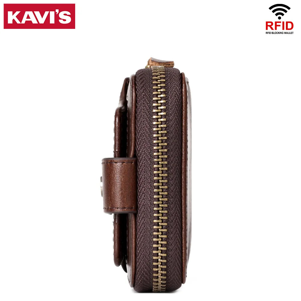 KAVIS Men’s RFID Genuine Leather Wallet – Multifunction Zipper Storage Money Bag with Coin Purse & Card Holder