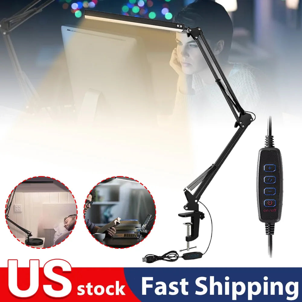 💡 LED Desk Lamp with Clamp – 10W Swing Arm Dimmable Light with 10 Brightness Levels & 3 Lighting Modes, Eye-Caring