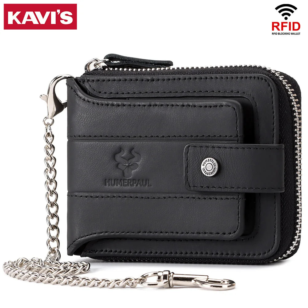 KAVIS Men’s RFID Genuine Leather Wallet – Multifunction Zipper Storage Money Bag with Coin Purse & Card Holder