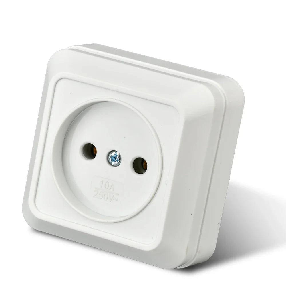 White Wall Mount EU Standard Power Socket – Vintage Style Electrical Outlet with Grounding, Flame-Retardant Plastic Surface Plug for Home & Office