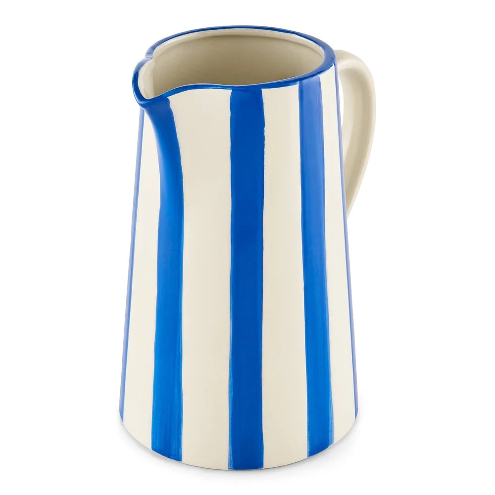 Handcrafted Ceramic Blue Stripe Pitcher Vase – Elegant Decorative Jug for Fresh & Artificial Flower Arrangements | Mediterranean Home Décor