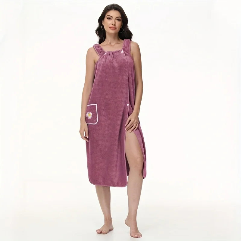 Luxurious Daisy Pattern Bath Towel Robe – Super Soft Wearable Absorbent Wrap with Pocket | Elegant Non-Shedding Bathroom Towel