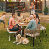 “6-Piece Outdoor Patio Dining Set – Wicker Table with 4 Chairs, Dining Bench & Umbrella Holes”
