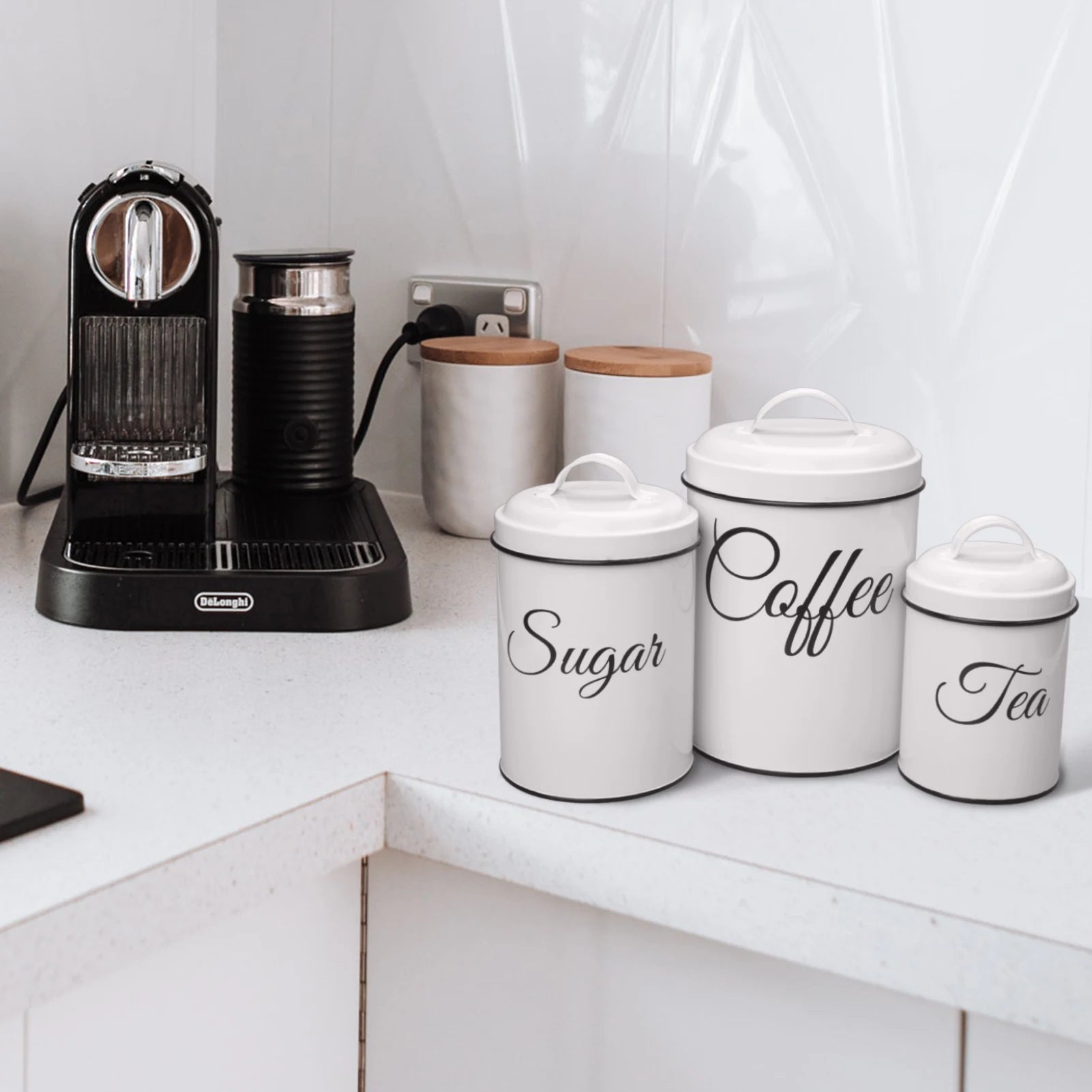 3-Piece Airtight White Vintage Kitchen Canister Set – Countertop Storage for Coffee, Tea & Sugar