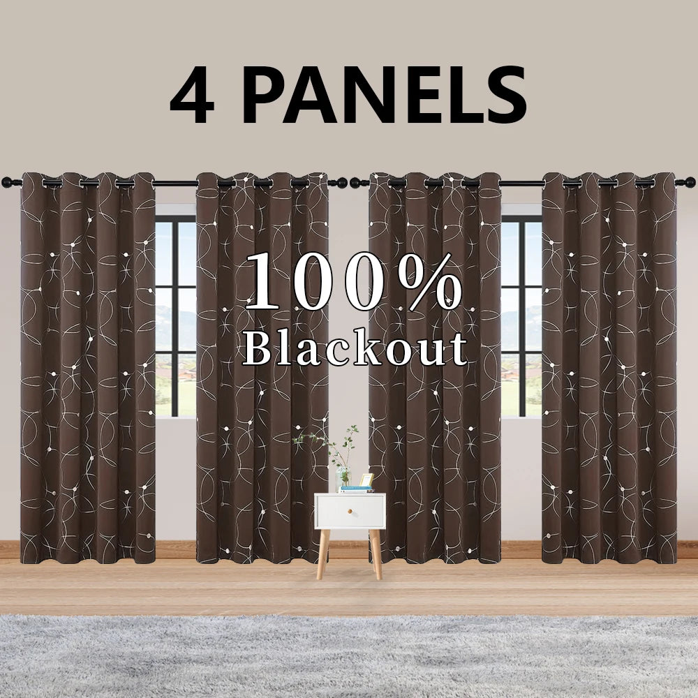 Foil-Printed Thermal Insulated Blackout Curtains – Grommet Top, Room Darkening for Bedroom (Set of 4)
