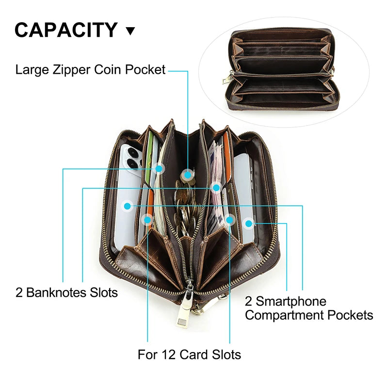 CONTACT’S Genuine Leather Long Wallet for Men – Large Capacity Business Clutch with Zipper, Coin & Cellphone Pockets, and Card Holder