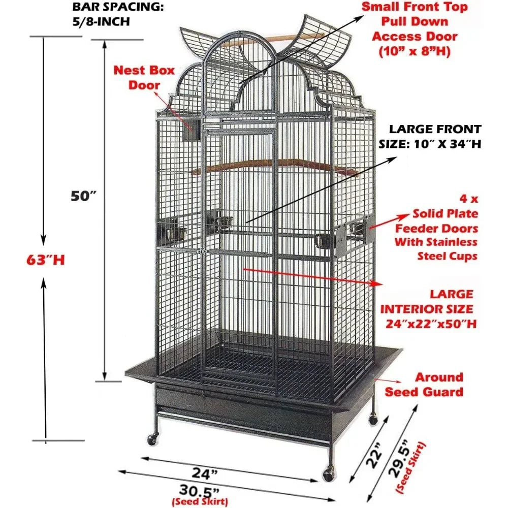 Large Stylish Dome-Top Bird Cage – Durable Wrought Iron Parrot & Finch Cage with Stand for Macaws, Cockatoos & Medium Birds