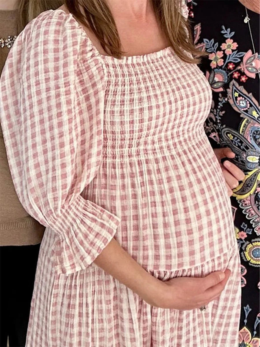 Women’s Floral Print Maternity Dress – Half Sleeve Pregnancy Outfit with Square Neckline, Perfect for Fall Baby Showers