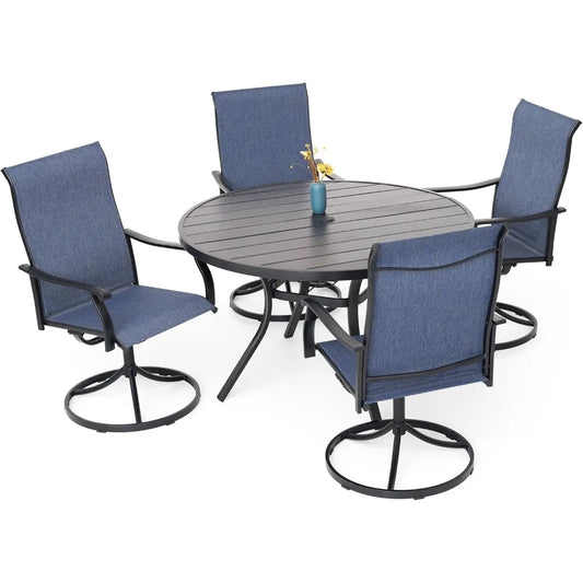 “5-Piece Outdoor Dining Set – 48-Inch Round Table with 4 Swivel Textilene Chairs, All-Weather Patio Furniture (Blue)”
