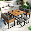 “9-Piece Acacia Wood Patio Dining Set – Space-Saving Outdoor Table, 4 Cushioned Chairs & 4 Ottomans with Square Table”