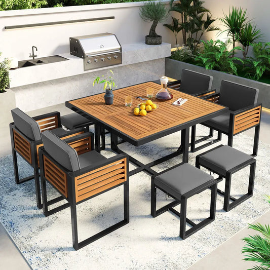 “9-Piece Acacia Wood Patio Dining Set – Space-Saving Outdoor Table, 4 Cushioned Chairs & 4 Ottomans with Square Table”