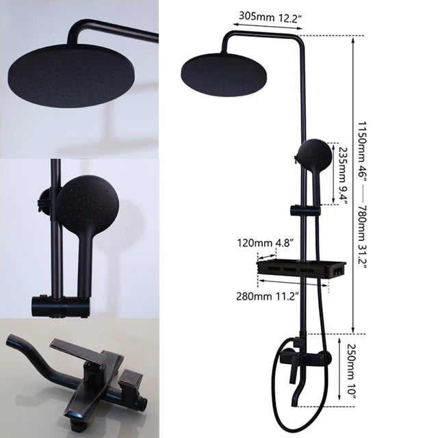 Zappo Matte Black 3-Way Wall-Mounted Rainfall Shower System – Shelf & Bathtub Mixer Included