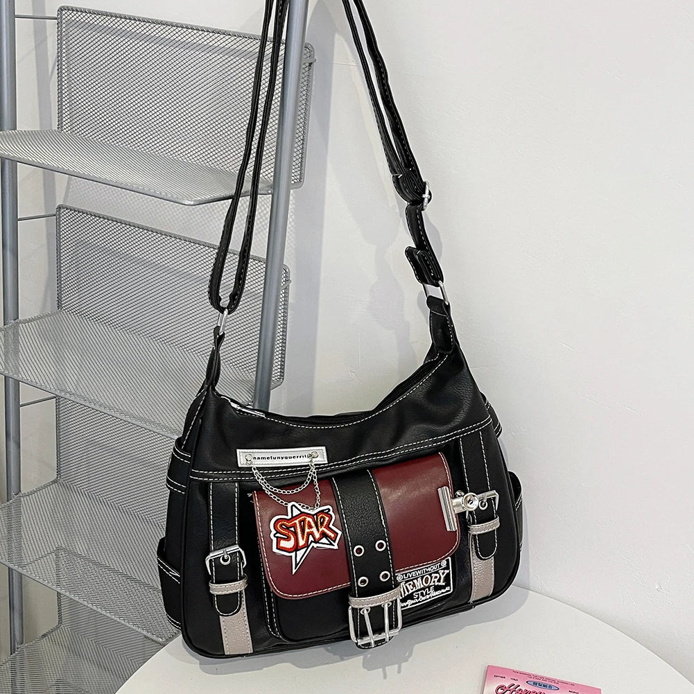 Y2K Punk PU Leather Crossbody Bag – Adjustable Strap Hobo Tote for Women