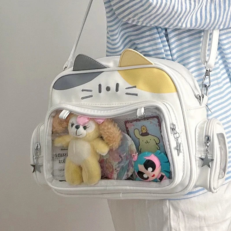 Cute Cat PU Crossbody Bag — Adjustable Strap Shoulder Purse with Clear Pocket for Women & Girls