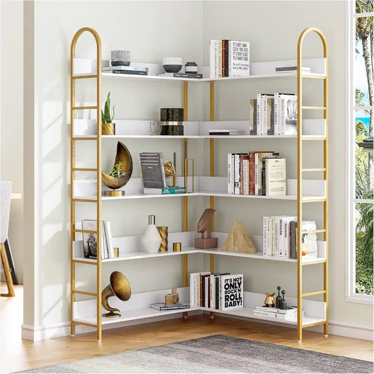 5-Tier L-Shaped Corner Bookcase – White & Gold Modern Display Shelf with Adjustable Feet & Anti-Tip Design