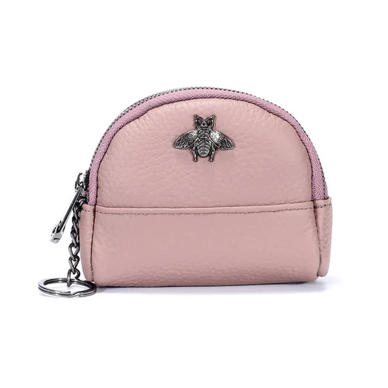 Cute Bee Decor Women’s Leather Coin Purse – Small 2-Zipper Wallet with Keychain Ring