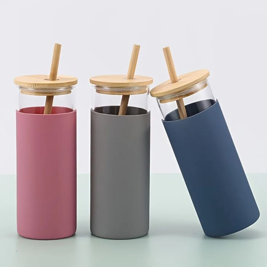 16oz Glass Water Bottle with Bamboo Lid & Straw – Silicone Sleeve, Stylish Reusable Hydration 💧🌿