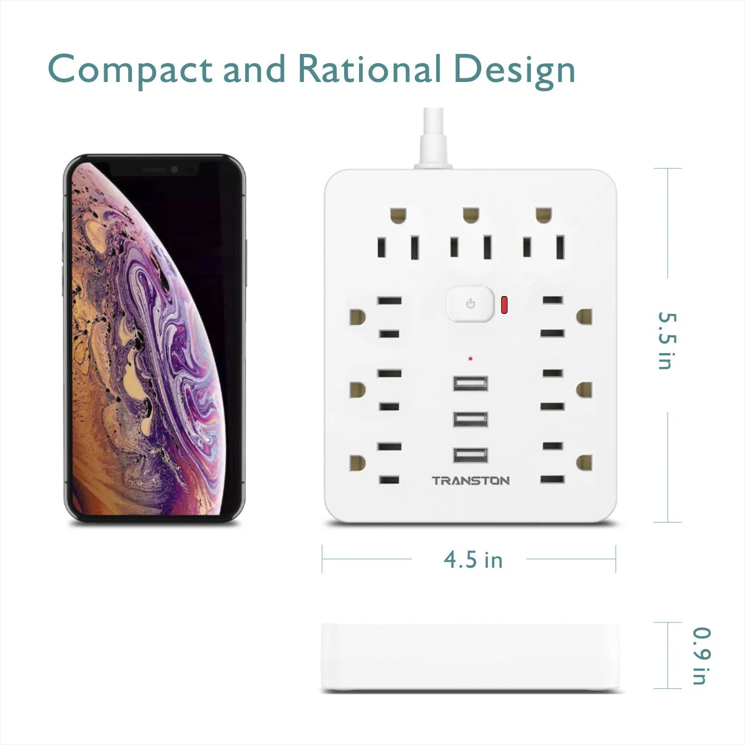 Power Outlet with Surge Protector – 9 AC Sockets + 3 USB Ports, 5FT Extension Cord, Quick Charge Power Strip for Home & Office (White)