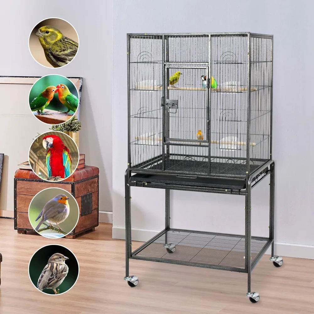 Standing Wrought Iron Birdcage – Large Parrot Flight Cage with Rolling Stand for Cockatiels, African Greys & Medium Birds