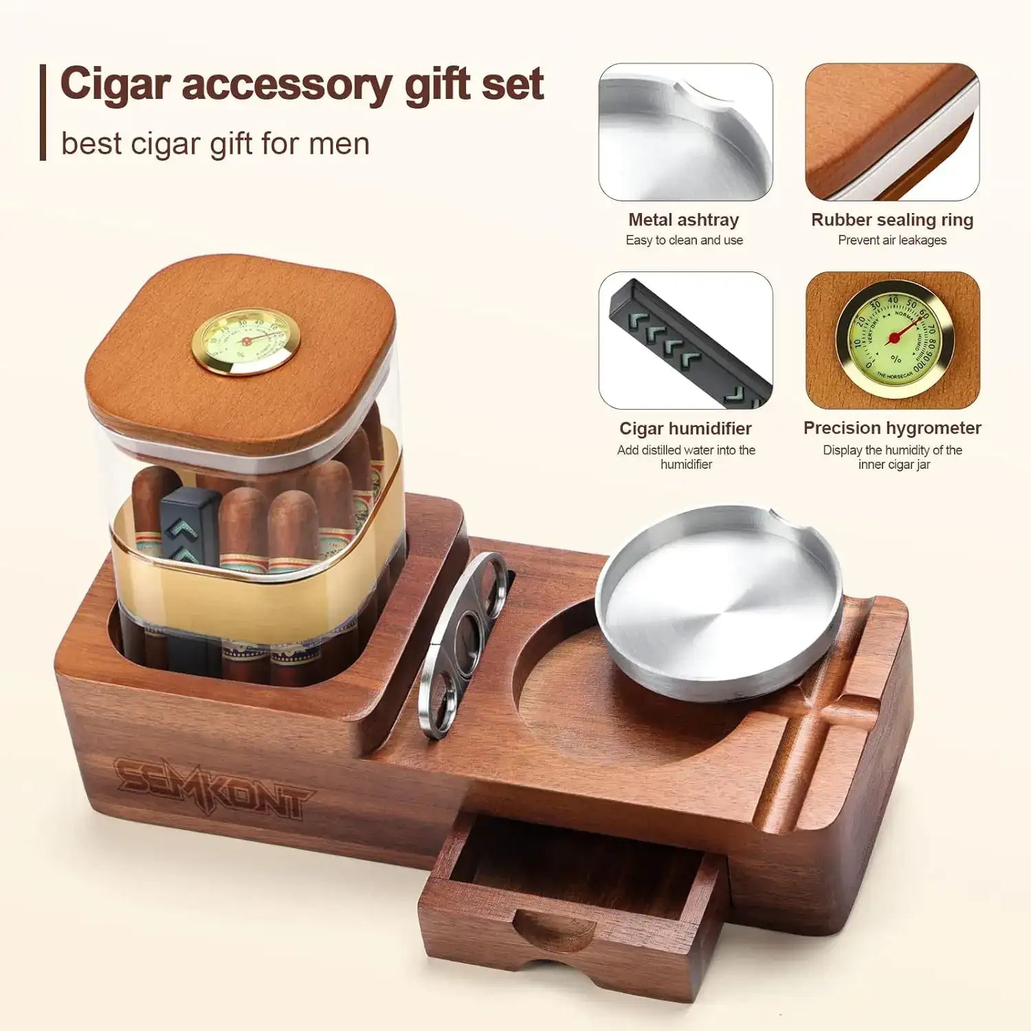 Wooden Cigar Humidor & Ashtray Set with Drawer, Cigar Jar, Cigar Cutter & Slot Organizer