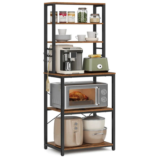 VASAGLE Coffee Bar, 6-Tier Kitchen Shelves with 6 Hooks, Baker’s Rack for Kitchen, Microwave Stand, Industrial - PulinGO
