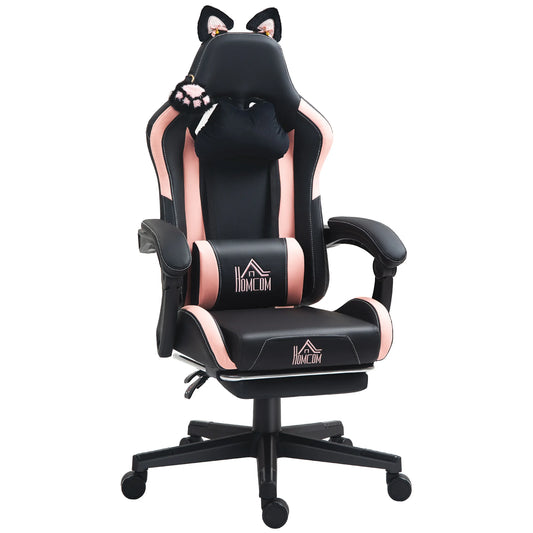 Cute Racing Gamer Chair – Black Faux Leather Gaming Chair with Footrest, Ergonomic Lumbar Support & Adjustable Headrest