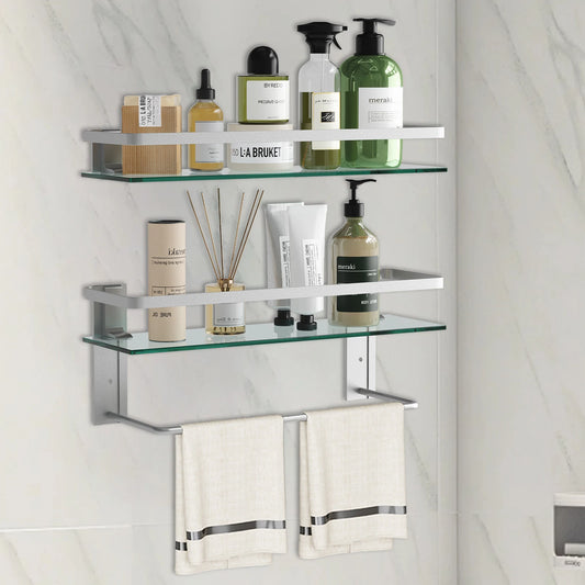 Glass Bathroom Shelf with Towel Bar – 15.7" Rustproof Metal 2-Tier Wall Organizer