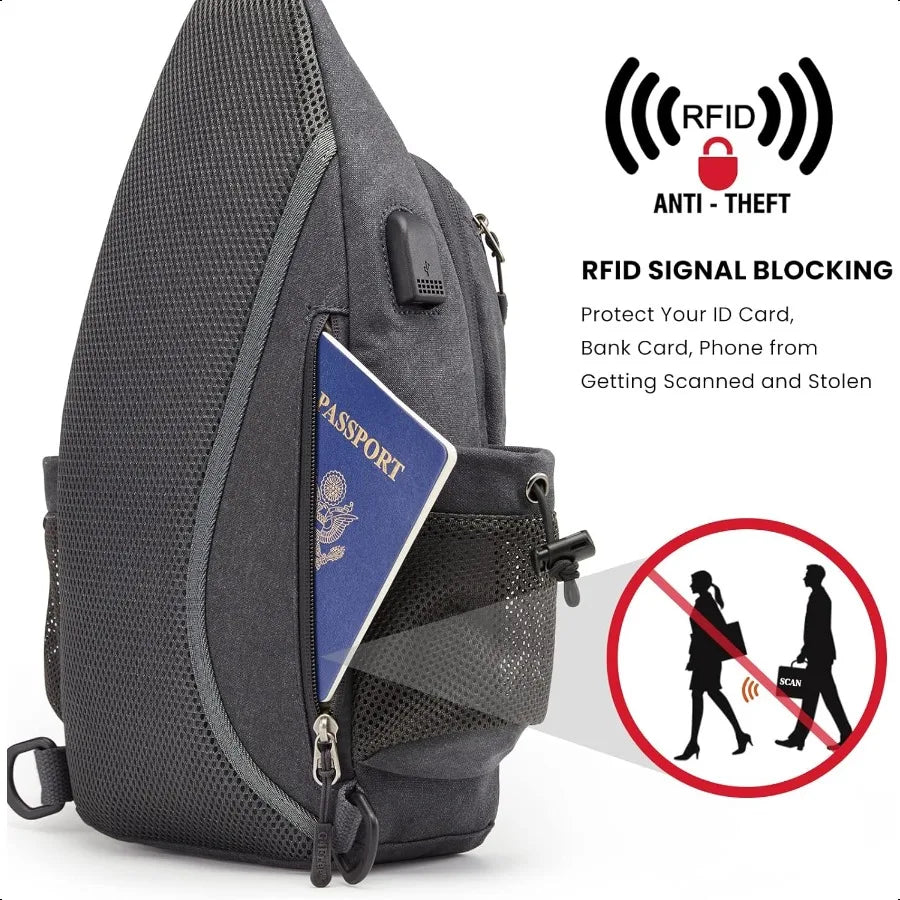 Canvas Sling Backpack – Crossbody Daypack with USB Charging Port & RFID Protection