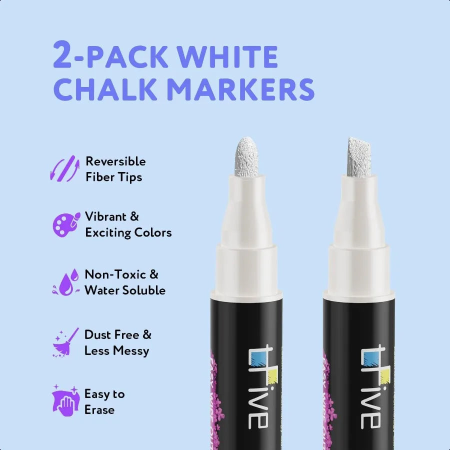 White Liquid Chalk Markers – 2-Pack Bright Erasable Pens with Reversible Tip for Boards, Signs & Glass