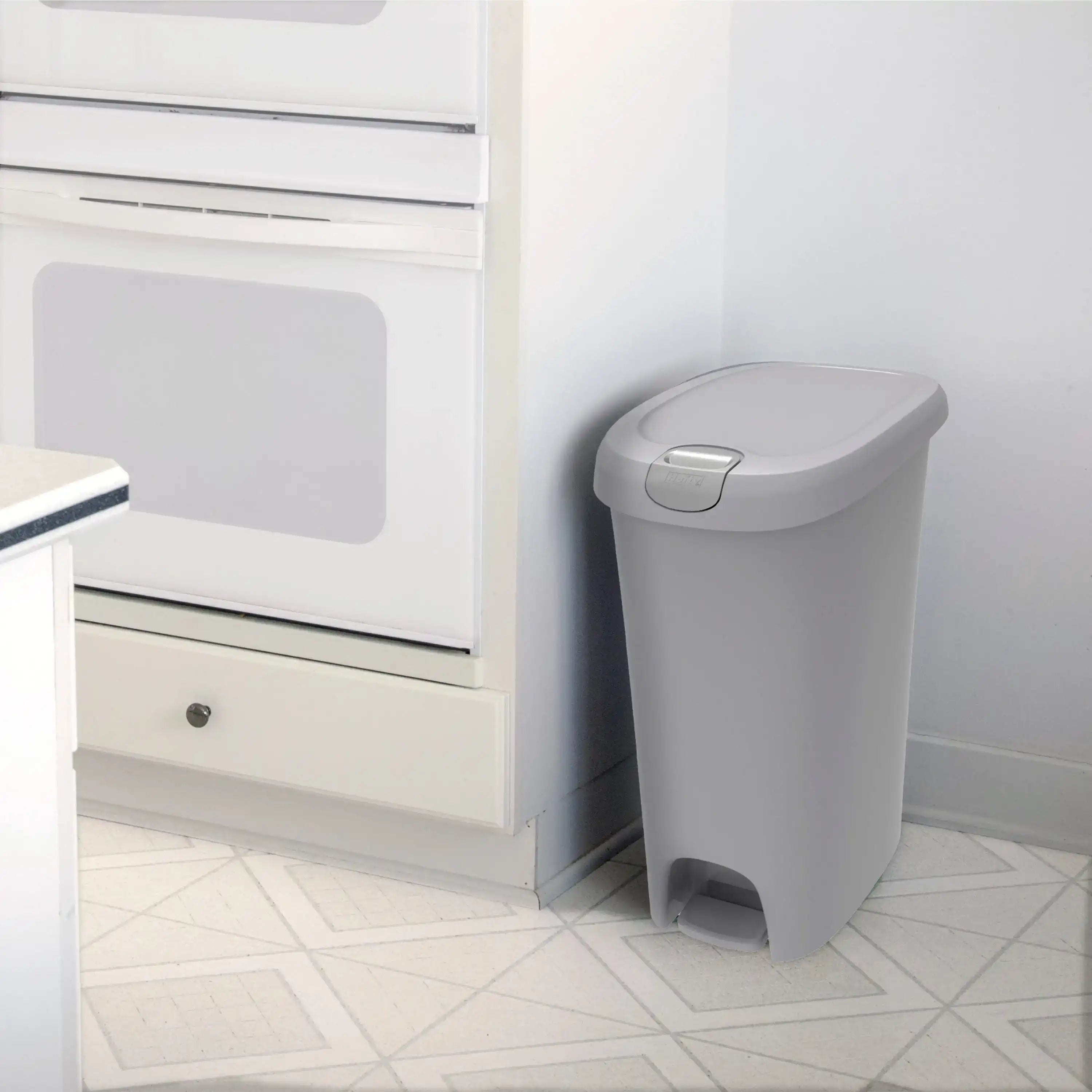 12-Gallon Slim Plastic Step-On Trash Can with Lock Lid – Gray Kitchen Bin