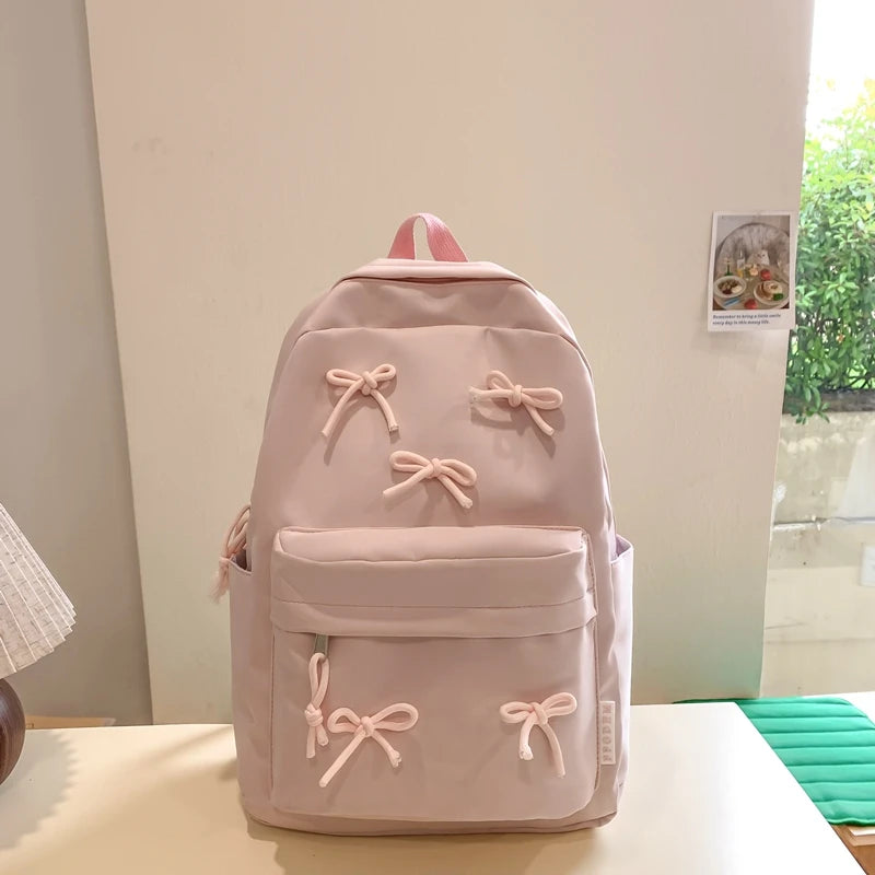 Fashion Bow Laptop Backpack – Large-Capacity Student Rucksack | Stylish Solid-Color Multi-Pocket Travel Daypack