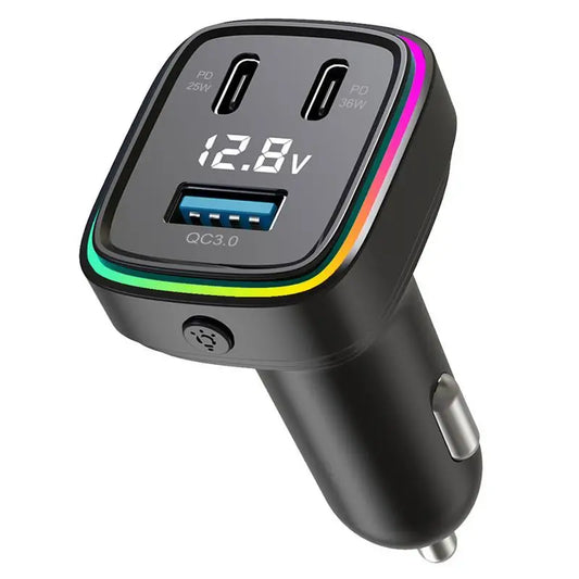 3-Port Car Phone Charger – Fast Charging USB-C & Dual USB Adapter with LED Voltage Display for Cars & SUVs