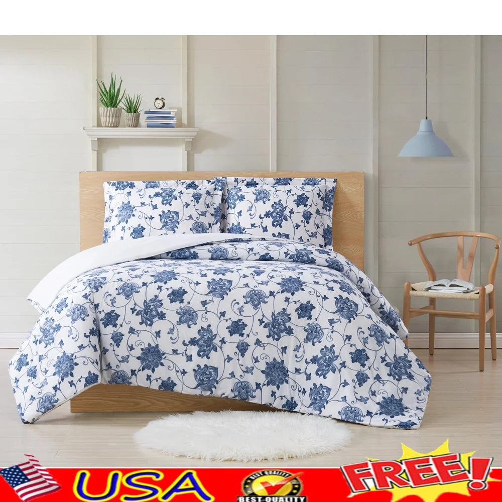 Blue Cotton Comforter Set Twin XL – 2-Piece Floral Vine Pattern, Soft Microfiber Fill, Classic Farmhouse Style