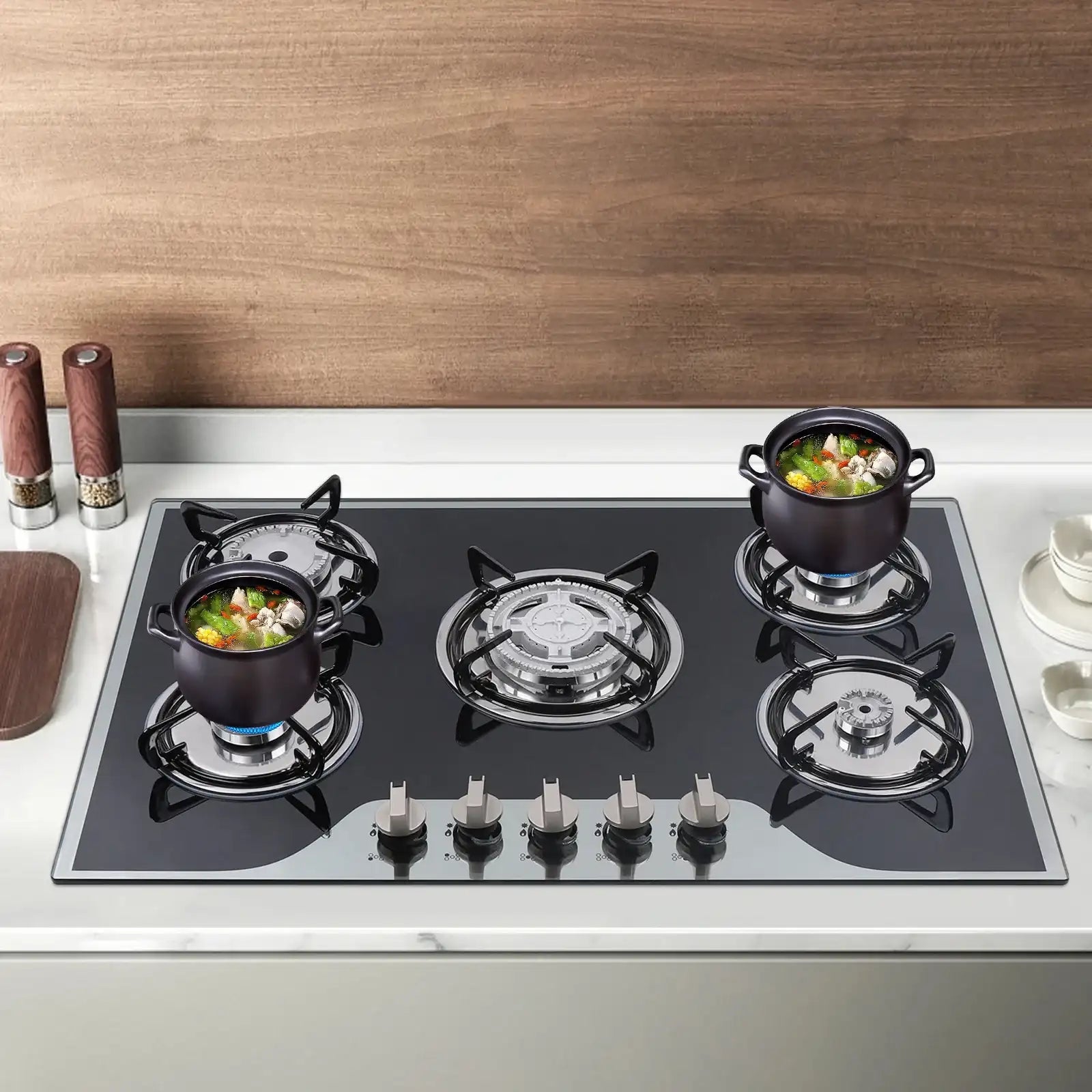 “30″ Stainless Steel 5-Burner Gas Cooktop – Dual Fuel NG/LPG Stove”
