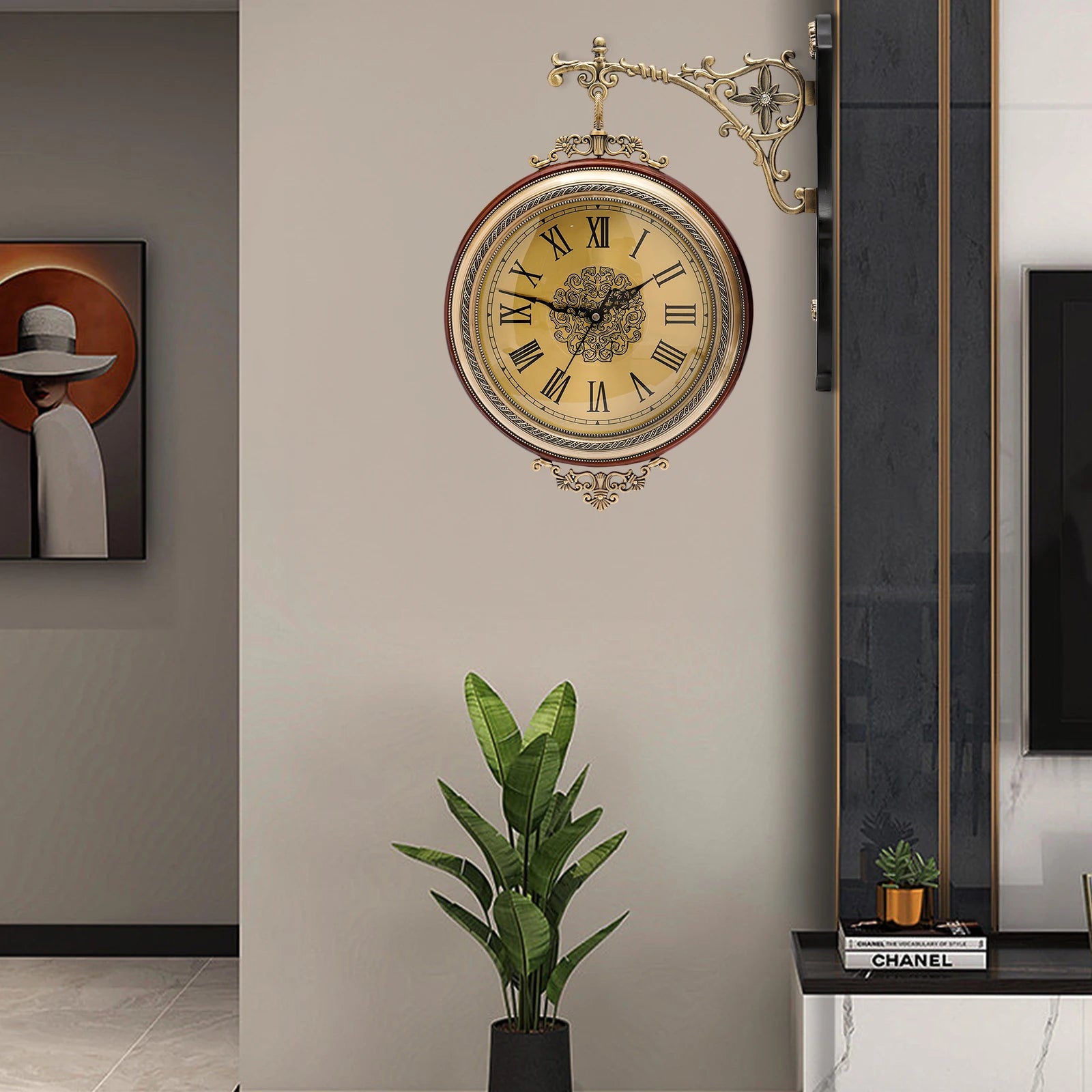 Vintage Double-Sided Wall Clock – Silent Industrial Wall Mounted Round Clock for Living Room, Kitchen & Office Décor