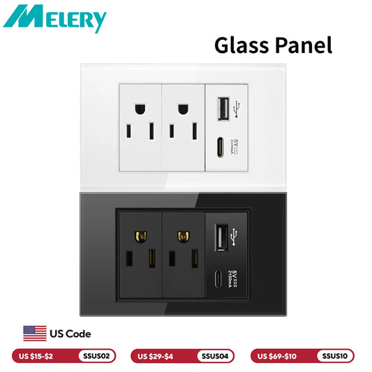 Melery US Power Wall Socket – Double USB + Type-C Ports with Light Switch, Tempered Glass Panel Electrical Plug for Home & Office