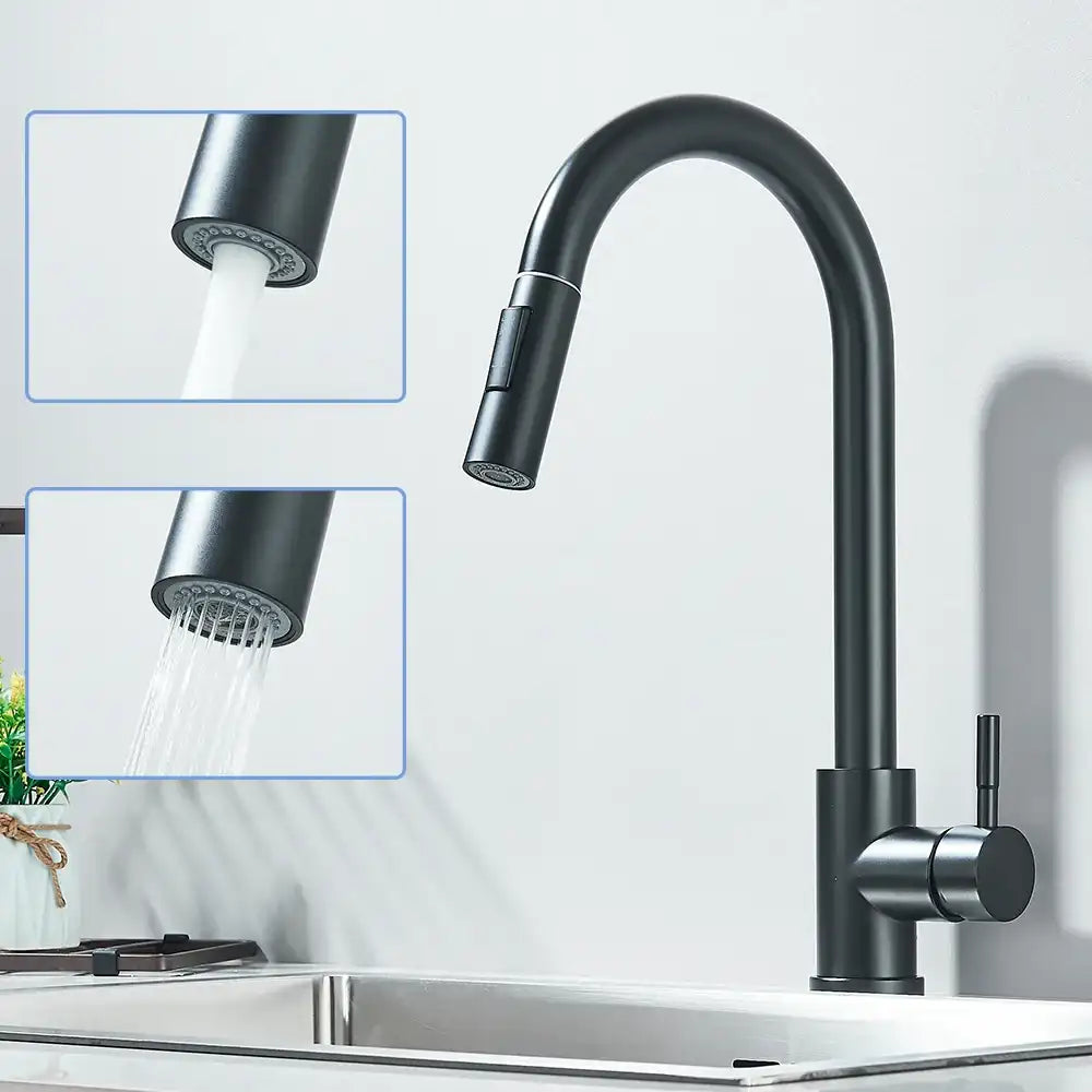 1- Product Title: Matte Black Pull-Out Kitchen Faucet – Deck Mounted Mixer Tap with Stream & Shower Modes